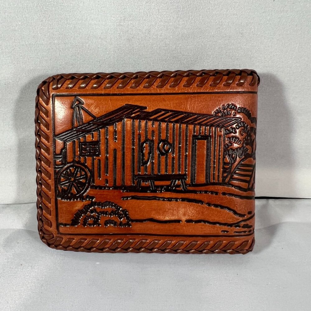 Vintage Brown Leather Wallet W/ Hand Tooled Horse & Barn Design Bifold Style W/ - Picture 2 of 4